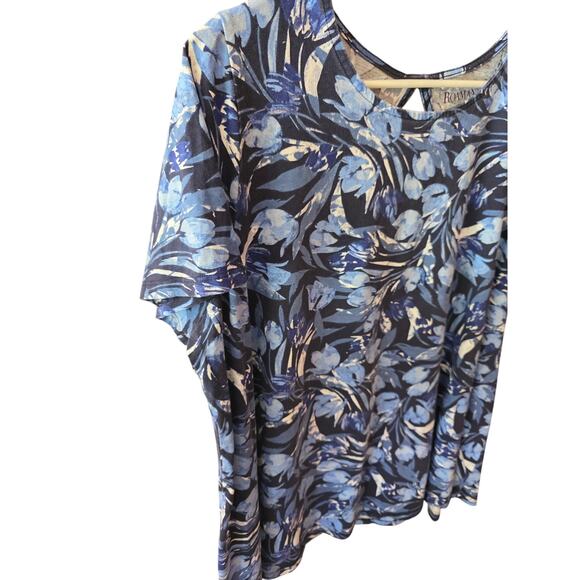 Roaman's T Shirt 22/24 1x Womens Plus Size Blue Floral Key Hole Back Art Deco - Picture 2 of 6